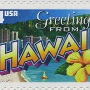 May include: A vintage-style postcard featuring a colourful illustration of a beach scene in Hawaii. The postcard says "Greetings from Hawaii" with a yellow hibiscus flower in the corner. The year 2002 is printed in the bottom left corner.