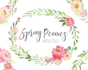 Watercolor Peonies Floral Wreaths | Peonies Clipart - Spring Wedding Flower Wreaths- Coral and Blush - Wedding Invitation Wreath Layouts
