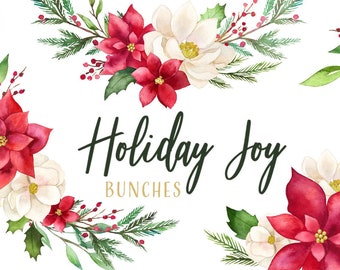 Watercolor Poinsettia Floral Layout | Christmas Floral Clipart - Holiday Joy - Holly, Pine branches, Magnolia and Berries - Instant Download