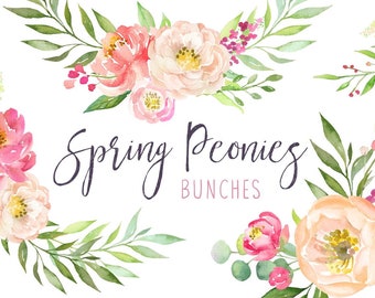 Watercolor Peonies Floral Layouts | Peonies Clipart - Spring Wedding Flower Arrangements- Coral and Blush - Wedding Invitation Bouquets