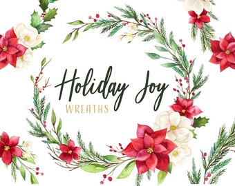 Christmas Wreath Clipart | Poinsettia Floral Wreath - Holiday Joy - Holly, Pine branches, Magnolia and Berries - Instant Download