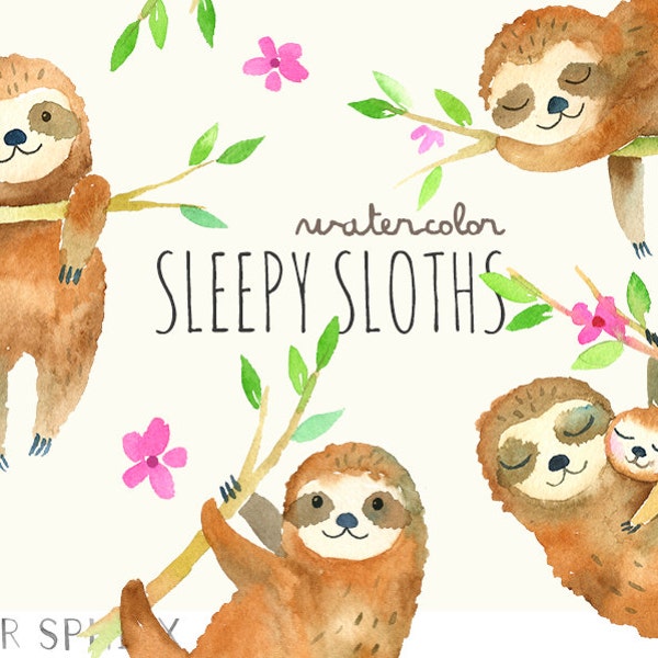 Sleepy Sloths Clipart | Baby Watercolor Sloth Clip Art - Mommy and Baby Sloth with Flowers, Watercolor Animals - Instant Download PNG files