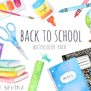 Watercolor Back to School Clipart School Supplies Clipart Crayons, Planner, Art Supplies, Colored Pencil, Books Instant Download image 1