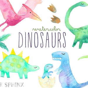Watercolor Dinosaur Clipart | Girly Dinosaur Clip Art - Dinosaur Birthday Party - Girls Dinosaurs - T Rex, Pterodactyl - Digital PNG Files