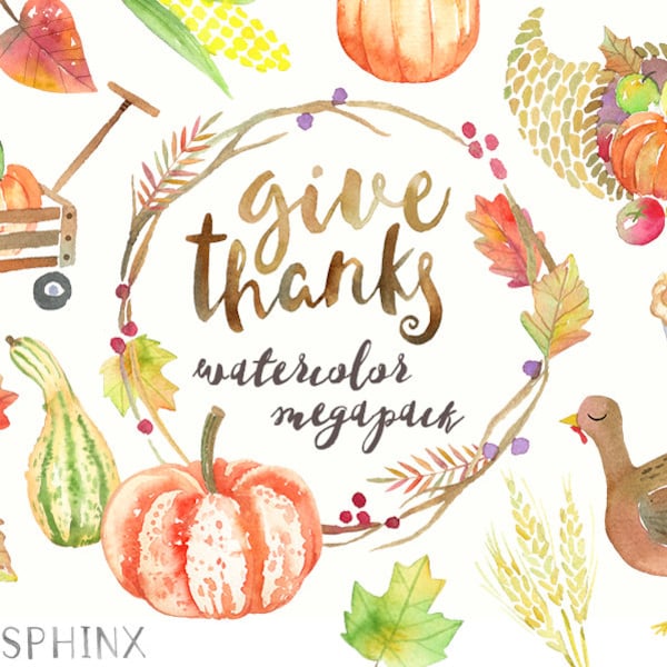 Watercolor Thanksgiving Clipart | Autumn Cornucopia - Turkey Clipart - Pumpkins, Autumn, Fall Wreath - Digital Instant Download PNGs