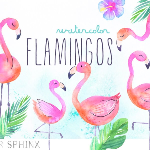 Watercolor Flamingos Clipart | Tropical Flamingos Summer Clipart - Flamingo Nursery Art - Digital Instant Download PNG Files