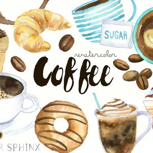 Pode incluir: Ilustra&ccedil;&atilde;o de aquarela de itens com tema de caf&eacute;, incluindo uma x&iacute;cara de caf&eacute;, um croissant, um donut, um saco de gr&atilde;os de caf&eacute;, um pacote de a&ccedil;&uacute;car e uma variedade de bebidas de caf&eacute; gelado. O texto "watercolor coffee" est&aacute; escrito em preto.