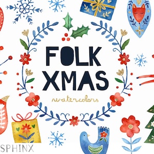 Aquarell Folk Weihnachten Clipart | Urlaub Clipart - skandinavischen / nordischen Weihnachten - rot, blau und Gold - Instant Download PNG-Dateien