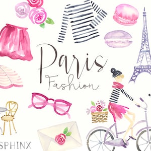 K&ouml;nnte beinhalten: Aquarell-Illustration von Pariser Modeelementen, darunter ein gestreiftes Hemd, ein rosa Rock, eine Sonnenbrille, ein Fahrrad, ein Pudel, ein Macaron, ein Parf&uuml;mflakon, ein Lippenstift, eine Pariser Stra&szlig;enlaterne und der Eiffelturm. Der Text "Paris Fashion" ist in Kursivschrift geschrieben.
