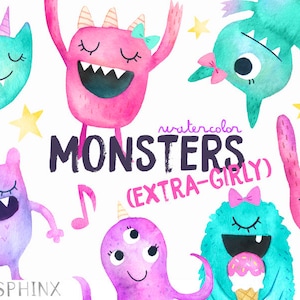 Watercolor Girly Monsters Clipart | Girl Monster Birthday Party - Cute Pink Monsters - Girly Halloween Monsters -  Instant Download PNG