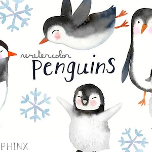 Aquarel pinguïns clipart | Winter clipart-vakantie pinguïns en sneeuwvlok-mama en baby pinguïn-Instant Download PNG-bestanden