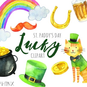 Watercolor St. Patty's Clipart St. Patrick's Day Clip Art Lucky Shamrock Irish Clipart Leprechaun, Pot of Gold Instant Download image 1