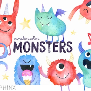 Monsters Clipart / Acuarela Monstruo Fiesta de Cumpleaños - Monstruos Bebé - Monstruos de Halloween - Criaturas Clipart - Digital Instant Descargar PNG