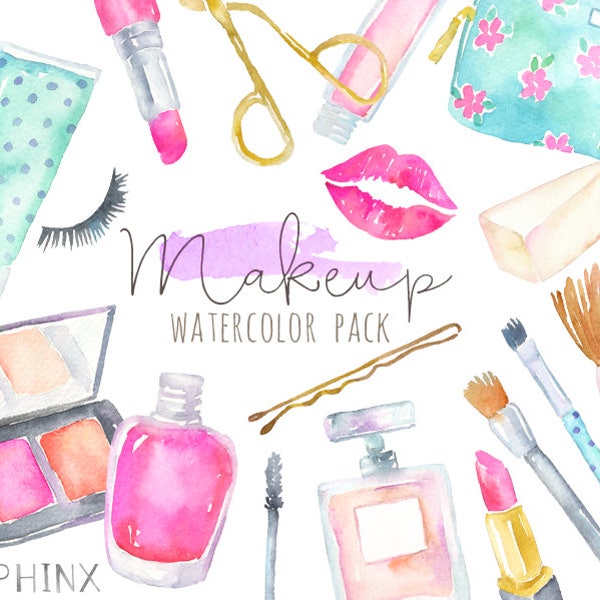 Watercolor Makeup Clipart | Cosmetics Clipart - Fashion and Beauty - Lipstick, brushes, blush, perfume - Planner Clipart - Instant Download