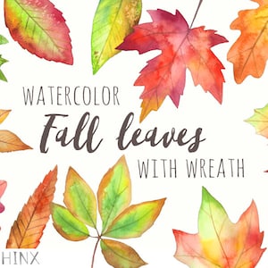 May include: Watercolor illustration of fall leaves in various shades of red, orange, yellow, and green. The leaves are arranged in a circular pattern, with the text "WATERCOLOR Fall leaves WITH WREATH" in the center. The text "PAPER SPHINX" is at the bottom of the image.