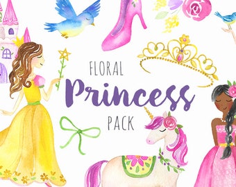 Aquarell Prinzessin Clipart | Märchen - schwarz und weiß Skintone - Blumenprinzessin, Einhorn, Schloss, Girly Prinzessin Geburtstag