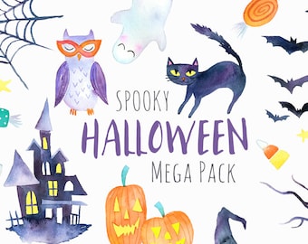 Watercolor Halloween Clipart | Spooky Halloween Party Clip Art - Includes Pumpkin Clipart, Black Cat - Instant Download PNG files