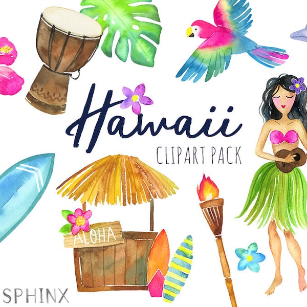 Watercolor Hawaii Clipart - Tropical Island - Summer Clipart - Luau, Aloha, Tiki,  Printable Digital Scrapbook Clip Art