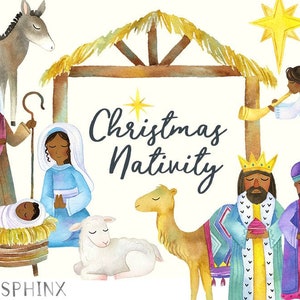 Watercolor Black Nativity Clipart Christmas Nativity Brown Skin Holiday Clipart Baby Jesus, Mary, Manger, wise men and angel image 1