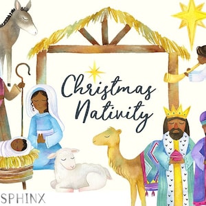 Aquarel zwarte Nativity clipart | Kerst Nativity-bruine huid-vakantie clipart-baby Jezus, Mary, Manger, wijze mannen en engel