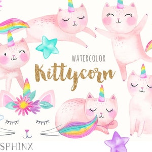 Cat Licorne Clipart | Aquarelle Caticorn Clipart - Magical Kittycorn, Unikitty - avec arc-en-ciel, étoiles, visage de caticorn - Fichiers numériques PNG