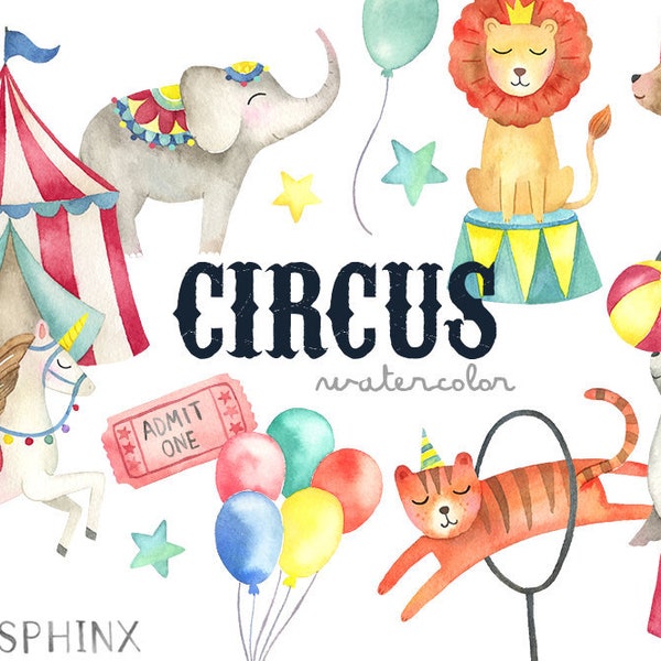 Watercolor Circus Clipart | Baby Circus Animals - Circus Tent, Elephant, Seal, Lion, and Tiger - Instant Download  Digital PNG Files