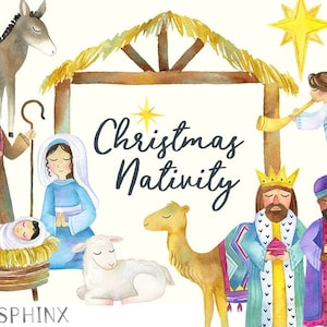 Watercolor Nativity Clipart | Christmas Nativity - Holiday Clipart - Nativity with baby Jesus, Mary, Manger, wise men and angel