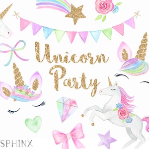 Watercolor Unicorn Face Clipart Magical Unicorns Kawaii Clipart Chubby Unicorn, Stars, Clouds, Rainbows Digital PNG Files image 1