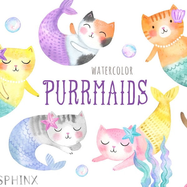 Katze Meerjungfrau Clipart | Aquarell Purrmaid Clipart - Kawaii Mercat Clipart - Meerjungfrau Kitty, Pastell Meerjungfrau Katzen - digitale PNG-Dateien