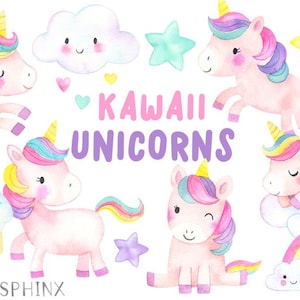 Kawaii Unicorn Clipart Watercolor Cute Unicorns Kawaii Clipart Chubby Unicorn, Stars, Clouds, Rainbows Digital PNG Files image 1