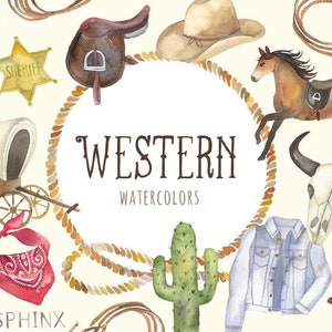 Aquarell Westlichen Clipart | Cowgirl und Cowboy Clipart - Wild West Pferd, Bandana, Kaktus, Sheriff Abzeichen, bedeckt Wagen, Kuh Schädel PNGs