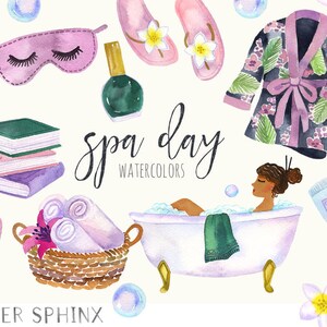 Aquarelle Spa Clipart - France Spa Day Beauty graphics - Bubble Bath, Towel Basket, Lotion, Robe, Beauty Supplies, Candle - Digital PNG Files