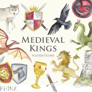 Watercolor Medieval Clipart | Thrones Clipart - Fantasy Dragons, Swords, Castle, Wolf, Crow, Crests and Shields - Instant Download PNG Files