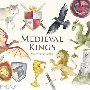 Puede incluir: Ilustraciones de acuarela de reyes medievales, con un dragón, un lobo, un león, un cuervo, un castillo, una corona, un escudo, una espada y una copa. El texto "MEDIEVAL KINGS WATERCOLORS" está escrito en el centro de la imagen.