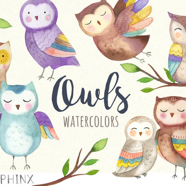 Watercolor Owl Clipart | Cute Mommy and Baby Owl Graphics - Woodland Printable Art - Instant Download PNGs