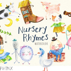 Watercolor Nursery Rhymes Clipart | Mother Goose Clip Art - with Hey Diddle Diddle, Little Miss Muffet, Humpty Dumpty, Little Bo Peep