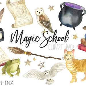 Watercolor Magic School Clipart | Witch and Wizard Supplies - Halloween Clipart, Magic Owls, Cat, Toad, Potions, Wands, and Broomstick