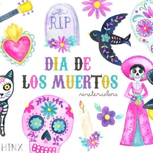 Dia De Los Muertos Clipart | Aquarell Tag der Toten - mexikanische Halloween - Zucker Schädel, Herz-Jesu, Skelette, Catrina, Mariachi