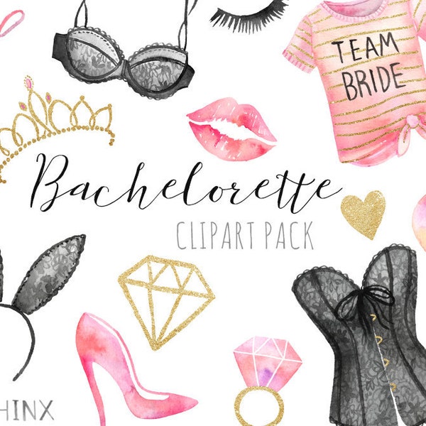 Watercolor Bachelorette Clipart - Pretty Lingerie - Bridal Shower - Wedding Party Clipart,  Pretty Underwear - Printable Digital Clip Art