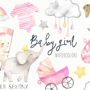 May include: Watercolor illustrations with a baby girl theme. Includes a rainbow, bunny with a flag, elephant with a crown, baby carriage, rocking horse, stork, and the text "Baby girl watercolors".