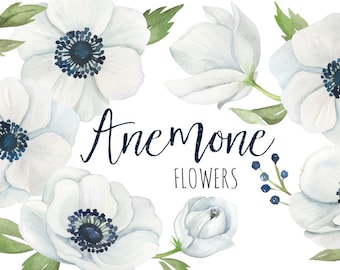 May include: Watercolor illustration of white anemones with blue centers. The flowers are arranged in a circle with green leaves and stems. The text "Anemone Flowers" is written in blue script below the flowers.