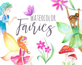 Watercolor Fairies Clipart | Flower Fairy ClipArt - Fantasy Girls Art - Two Skintones - Mushroom and Butterfly - Instant Download PNG Files