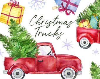 Acuarela Navidad camión clipart / rojo Vintage camión de vacaciones - con árboles de Navidad, regalos, copos de nieve, regalos - Nuevas imágenes prediseñadas de Año Nuevo