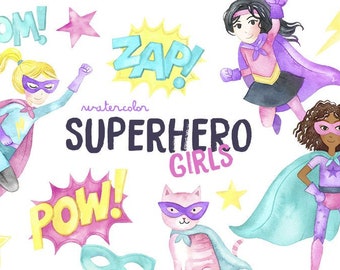 Acuarela Chica Superhéroe Clipart / Fiesta de Cumpleaños de Superhéroe - Rosa y Púrpura - Chicas Superhéroes - Comic Clipart - Instant Download PNG
