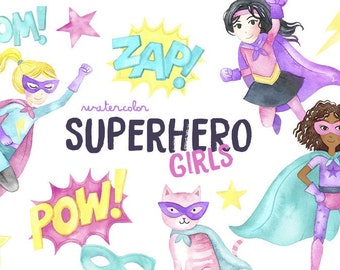 Watercolor Girl Superhero Clipart | Superhero Birthday Party - Pink and Purple - Superhero girls -  Comic Clipart - Instant Download PNG