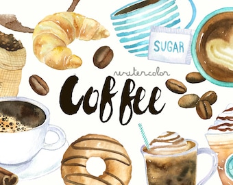 Watercolor Coffee Clipart | Coffee Shop - Cafe and Pastries - Coffee beans, Donuts, Croissant, Mug -  Digital Instant Download