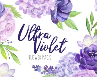 Watercolor Purple Flowers Clipart | Ultra Violet Wedding Floral - Hydrangea, Lavender, Peony - Wedding Invitation - Instant Download