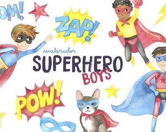 Watercolor Super Hero Clipart | Boy Superhero Birthday Party - Red, Blue, Yellow - Superhero masks -  Comic Clipart - Instant Download PNG