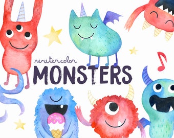 May include: Watercolor illustration featuring a collection of whimsical monsters in various colors, including red, blue, and green. The image includes musical notes, stars, and the text "watercolor MONSTERS" and "PAPER SPHINX".