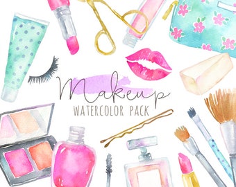 Watercolor Makeup Clipart | Cosmetics Clipart - Fashion and Beauty - Lipstick, brushes, blush, perfume - Planner Clipart - Instant Download